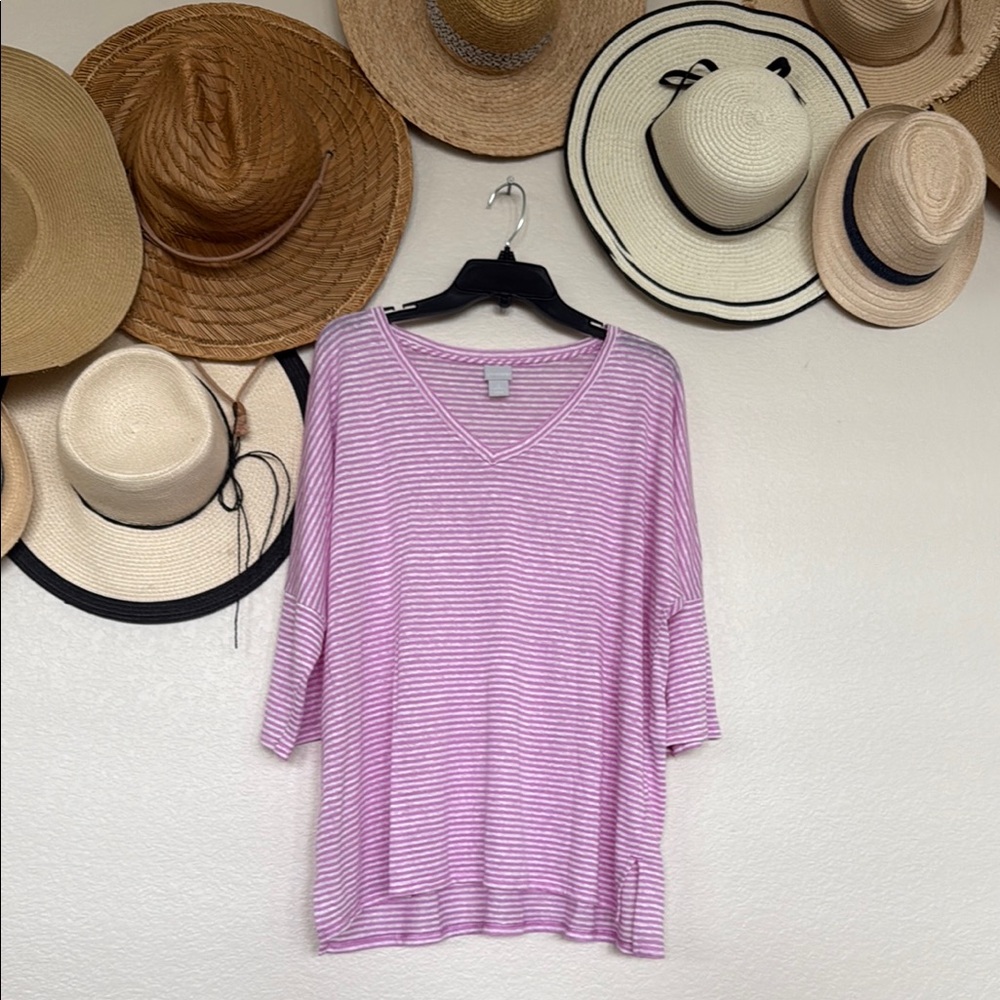 Chico's Size 2 Berry Striped V-Neck Linen Tunic Top, EUC